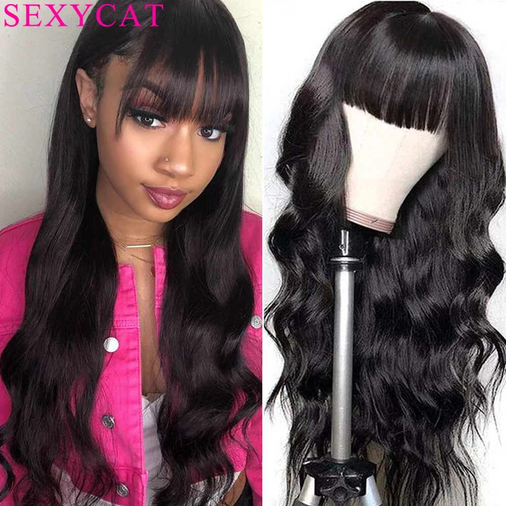 

Brazilian Body Wave Human Hair Wigs with Bangs 1B None Lace Front Wigs Glueless Machine Made Wigs for Black Women 20 inch