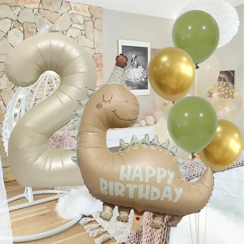 Retro Matte Caramel Colored Dinosaur Aluminum Film Balloon Set Happy Birthday Party Decoration Kids Boy Background Photo Prop