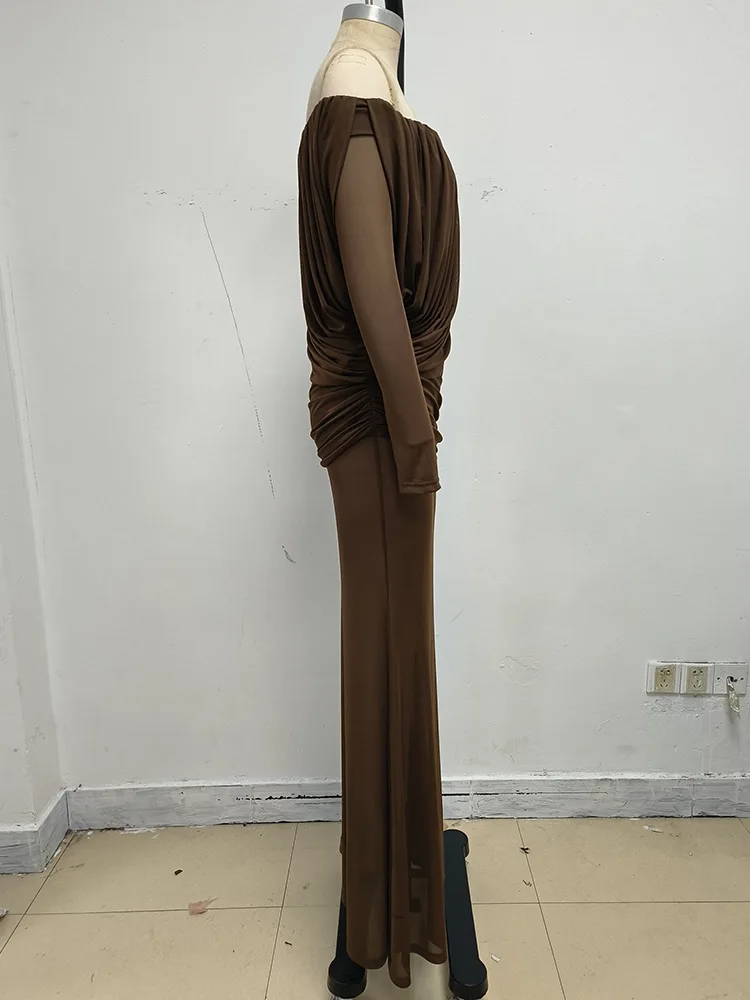 Robes longues vintage marron à col bateau en maille transparente à manches longues, taille haute, patchwork, plissées, amincissantes, pour événements de gala