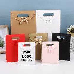 50-Pack Christmas Gift Bags Flap Bow Tote Bag Charm Paper Bag Party Favor Bag Kraft Paper Bag Printed Logo