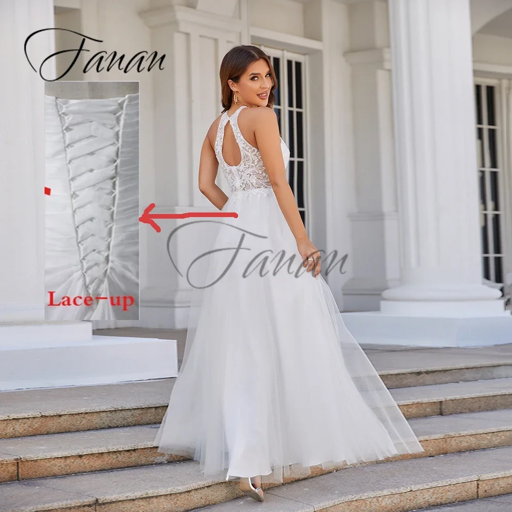 Abito da sposa a trapezio in pizzo con perline scintillanti abito da sposa senza schienale o-collo senza maniche in Tulle robe de mariée Appliques abito da ballo vestidos novia