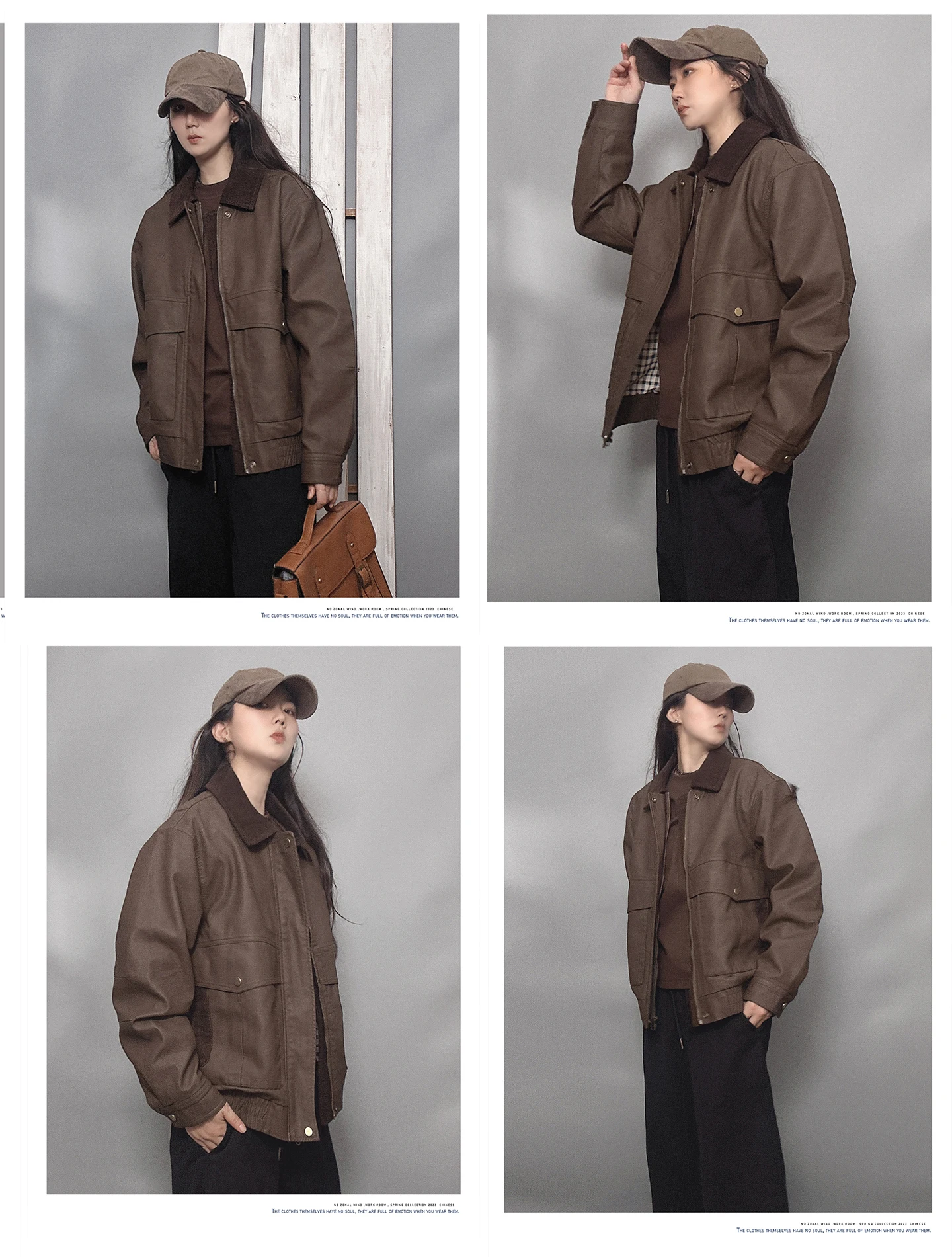 เสื้อแจ็คเก็ตหนัง PU สไตล์เรโทร คอปก สีน้ำตาล สำหรับผู้ชายและผู้หญิง สไตล์วินเทจ แนวกลางๆ  แขนยาว ปิดซิป