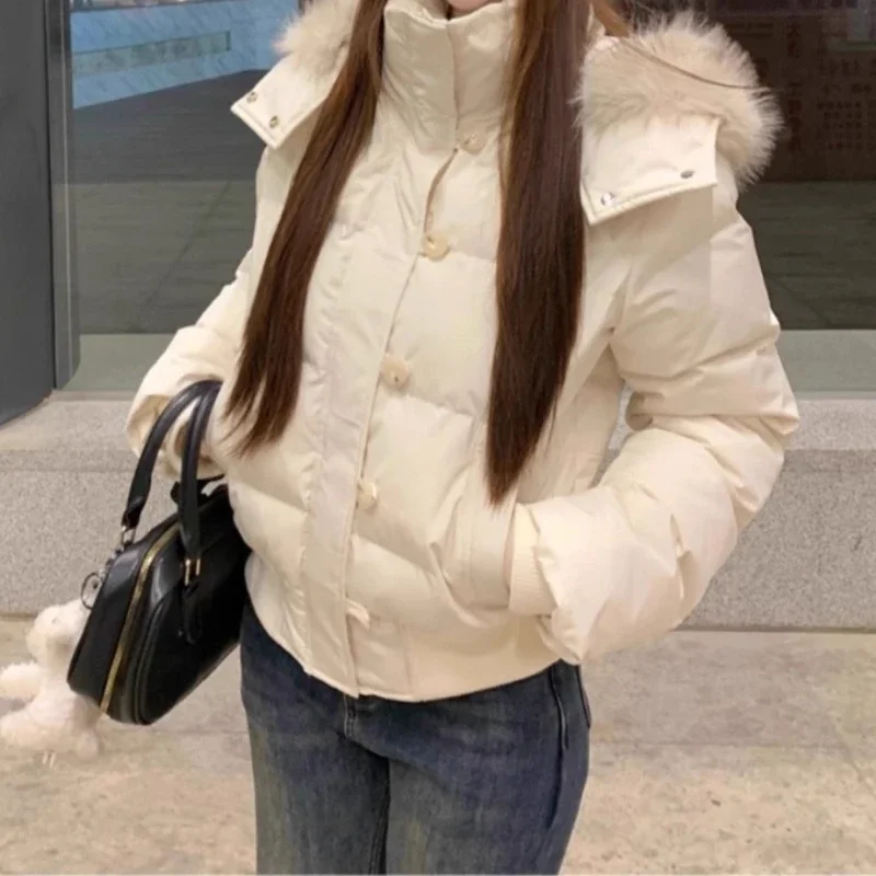 

2025 Winter Stylish Short Warm Thick Puffer Jacket with Fur Collar and Hood for Women