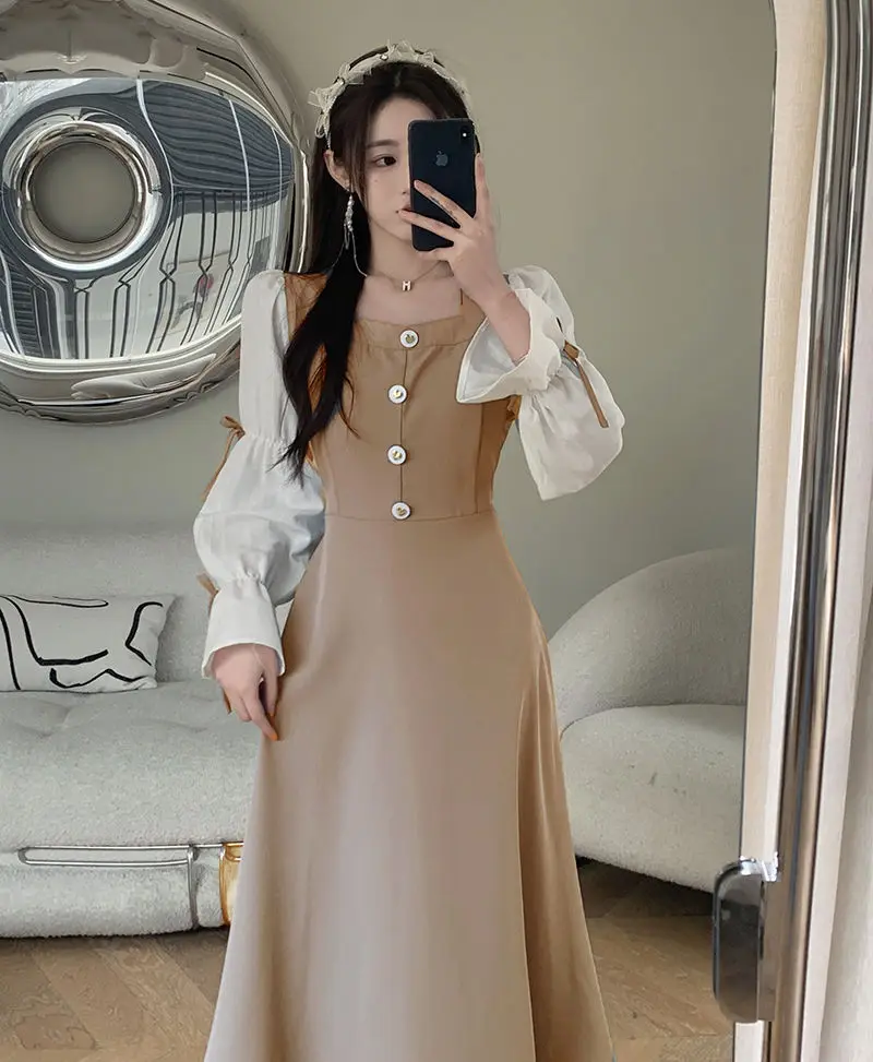 Design Sense Contrasting Color Dress New Square Neckline Bow Long Skirt Sweet Temperament Knee High Skirt Dresses