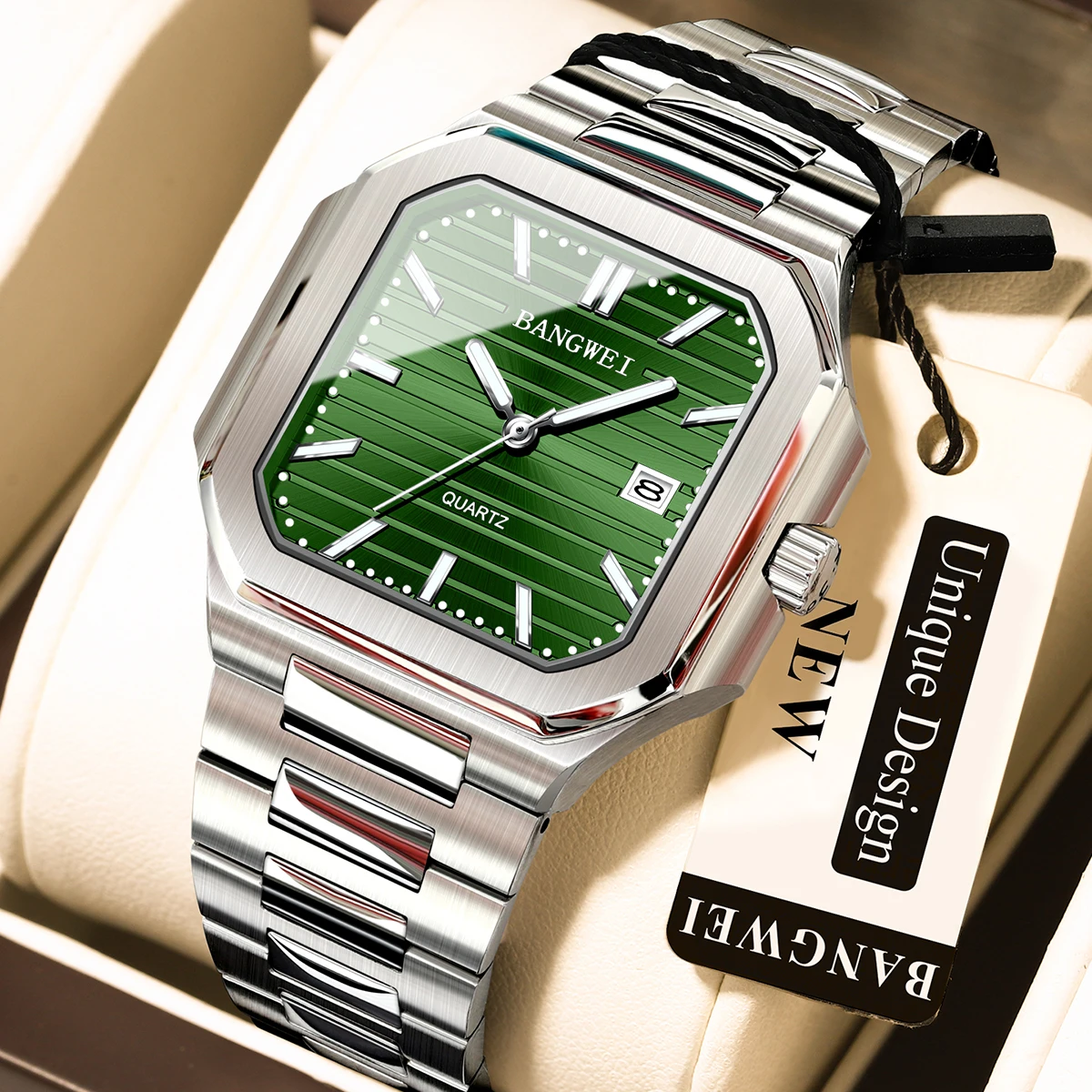 Мужские наручные часы BangWei: роскошные, водонепроницаемые, светящиеся, с датой и днем недели, кварцевые, из нержавеющей стали, квадратные, модные.