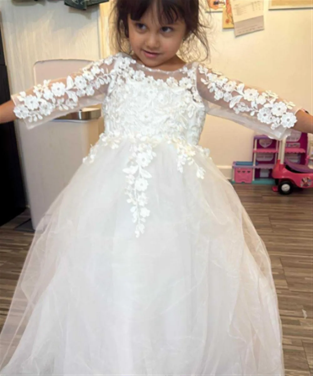 

Elegant Flower Girl Dress for Wedding Appliques Floral Kids First Communion Dress Pageant Princess Party Gown Customized