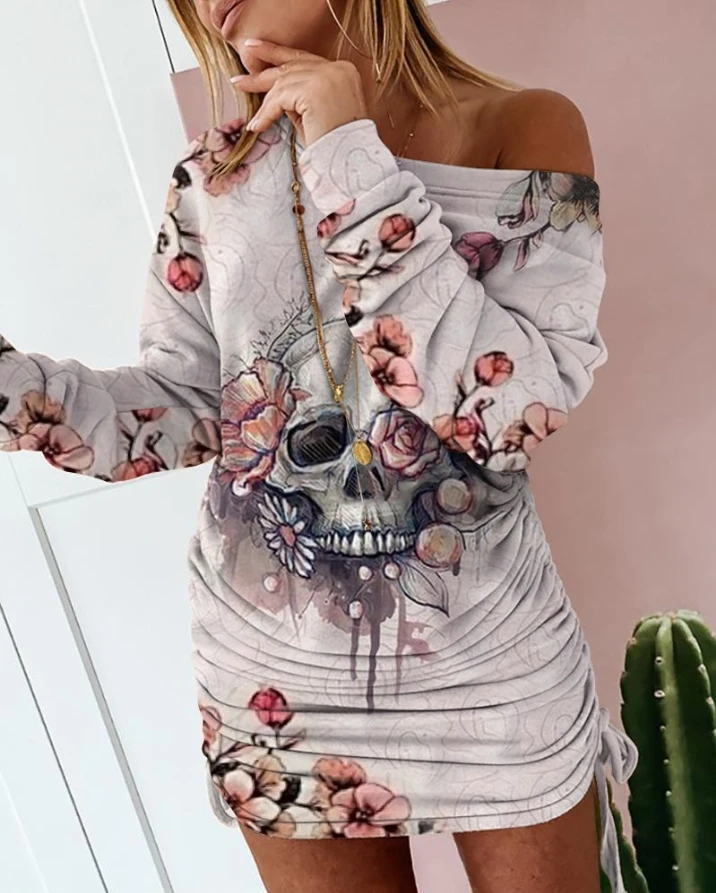 Halloween Drawstring Long Sleeve Dress Skull Floral Print Fashion Women's Clothing Funny Casual Vintage Sweatshirt Mini Dresses