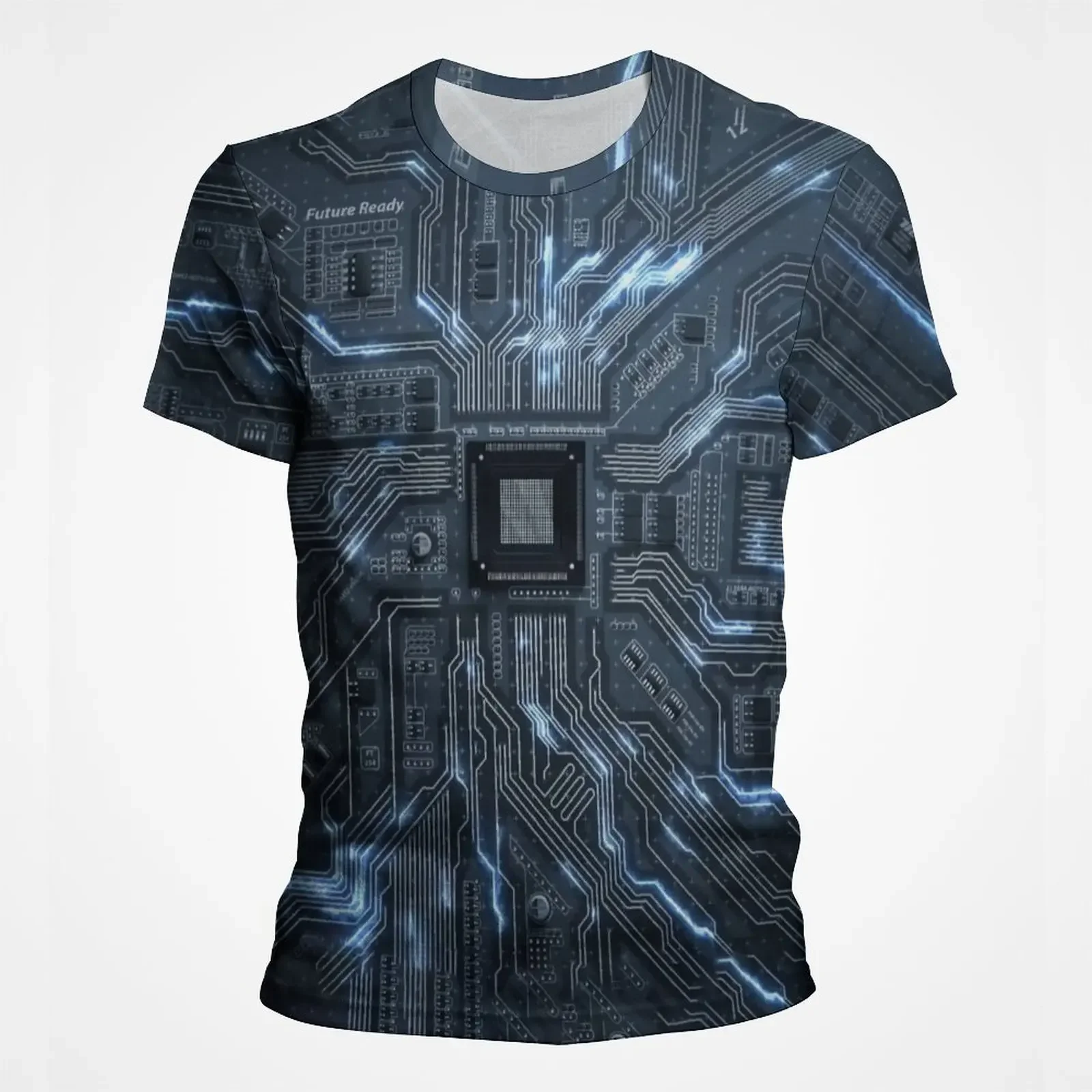 Herren-T-Shirt mit 3D-Leiterplatten-Motiv, realistisches elektronisches Chip-Motherboard-Muster, Kurzarm-T-Shirt im Technologie-Stil, Street-Top – Detail 7