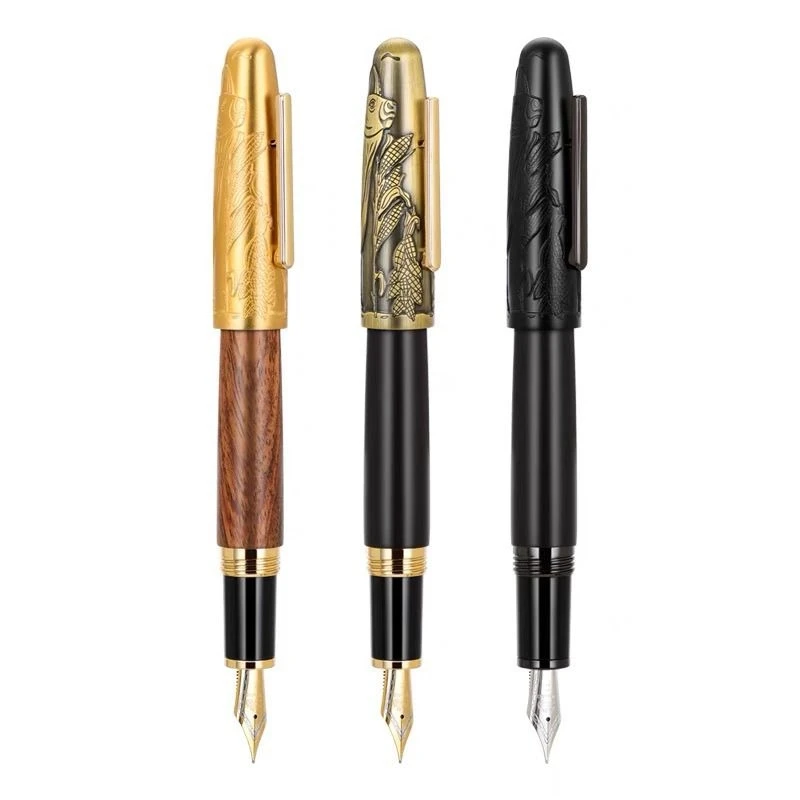 

JinHao 9056 Wood Fountain Pen With Iron Cow Relief Carving Stationery Office Business Writing Calligraphy Pens For Men's Gift