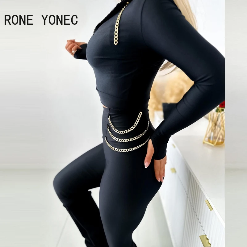 Women Casual Zipper Design Top & Chain Decor Skinny Pants Set