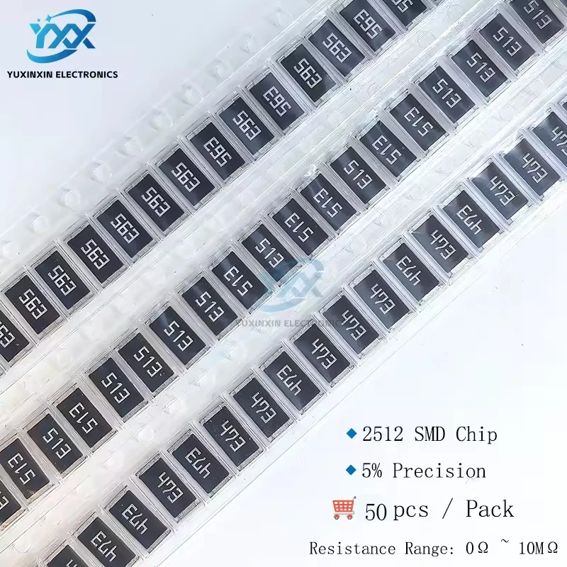 50pcs 2512 SMD Resistor 5% 0R~10MΩ 0ohm 10R 1K 10K 100K 1M High Power Chip Resistors for Power Supply, Industrial PCB Projects