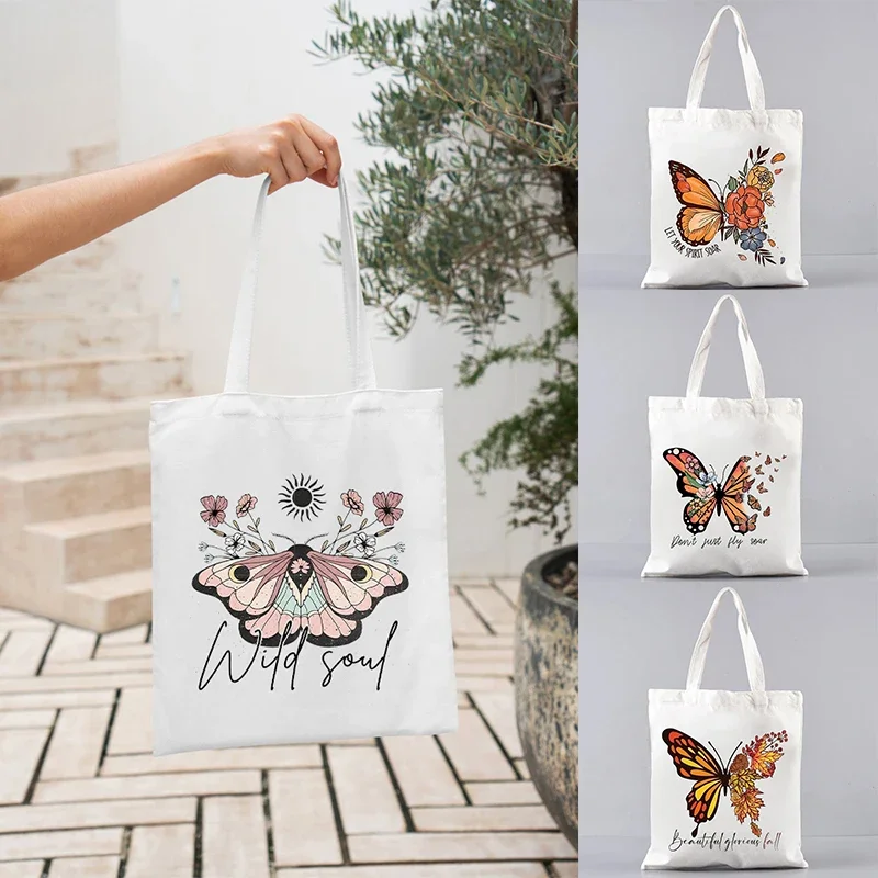 Wild Soul Floral Butterfly Pattern Canvas Bag Women Commuting Large Capacity Handbag Casual Tote Shopping Bags Gifts for Her