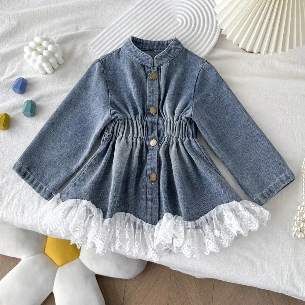 Spring and Autumn Toddler Girls Vintage Denim Dress Buttons Gathered Waist White Lace Ruffle Hem Long Sleeve Dress Kids Clothes