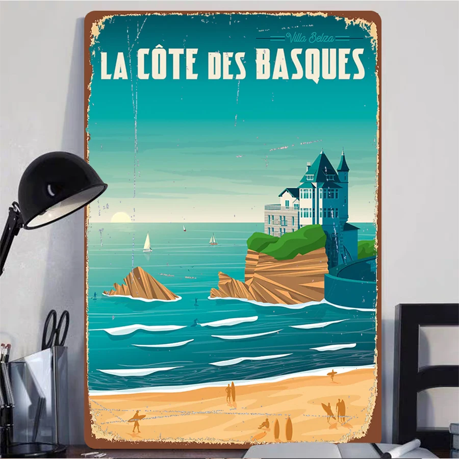 French Basque Coast Villa Belza Iron Painting Vintage Seaside Landscape Decorative Wall Art for Living Room Study