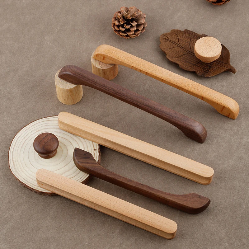 Walnut Beech Kitchen Cabinet Handle Drawer Solid Wood Furniture Door Drawer Round Knob Cupboard Wooden Handle Hardware Long Pull