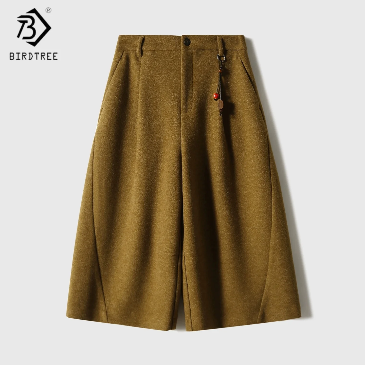 Birdtree الصوف المخلوطة واسعة الساق السراويل، امرأة الصلبة بناطيل كاجوال، نمط التنقل، 2025 الخريف الشتاء السراويل المستقيمة P5N716JF #1