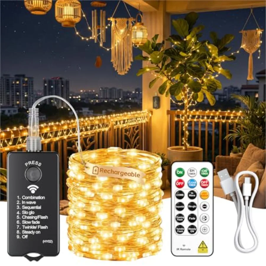 Rechargeable Fairy Lights with Remote 66ft 200 LED Outdoor Battery String Lights with DIY Timer and Light Sensor, Waterproof Di