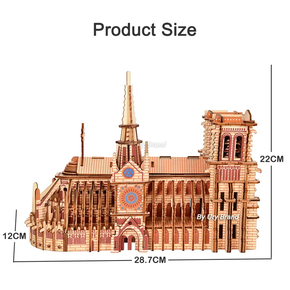 3D Wooden Puzzle Chinese Vintage Architecture Red Square Notre Dame De Paris Model DIY Kits Toys Desk Decoration Gifts for Kids