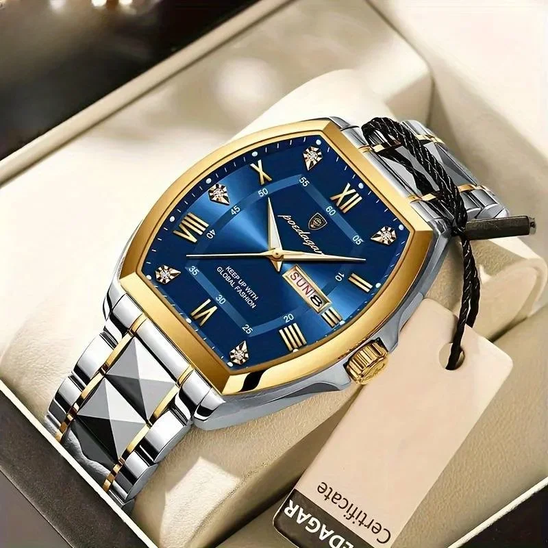 

Men's Luxury Luminous Quartz Watch with Calendar - Elegant Tonneau Pointer, Swiss Movement