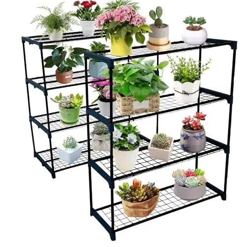 4-Tier Durable Powder-Coated Steel Plant Stands for Indoor/Outdoor Garden Shelving, Each Shelf Holds 17.64 Lbs, Ideal