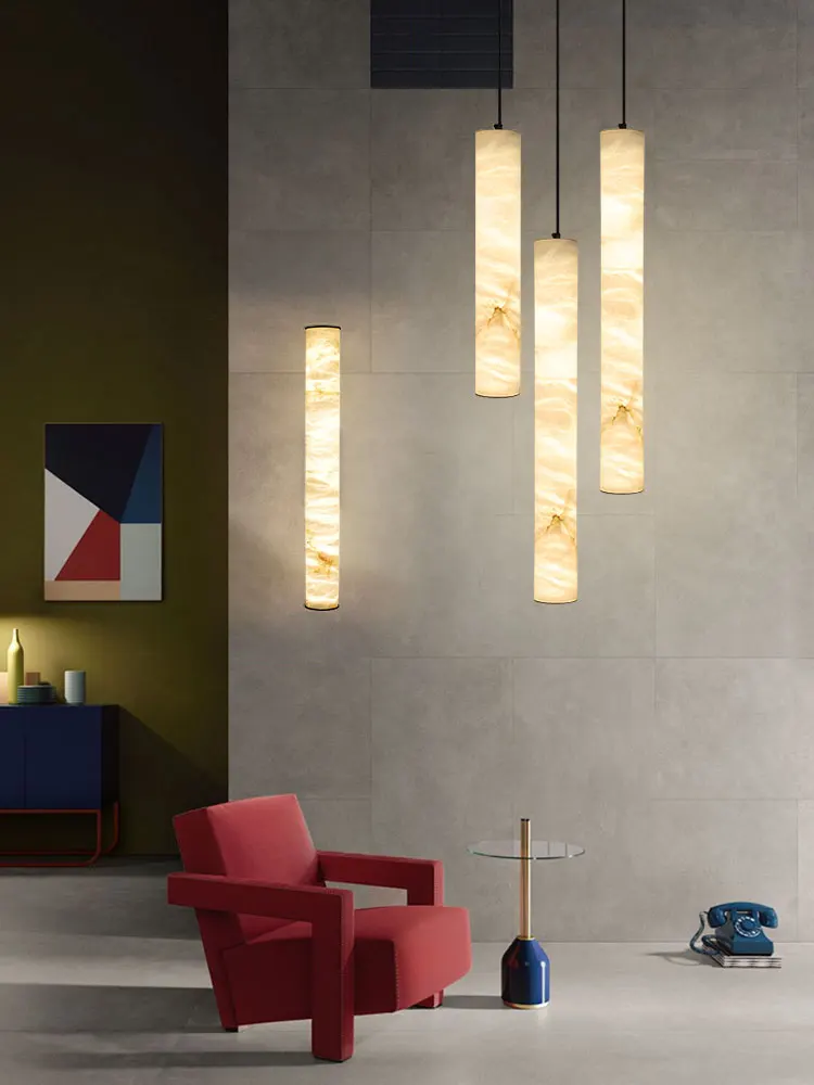 Luxury Cylinder Marble pendant lamp Long Linear Hanging Lamps LED Alabaster Chandelier For Dinning Room beside Stairwell lamp