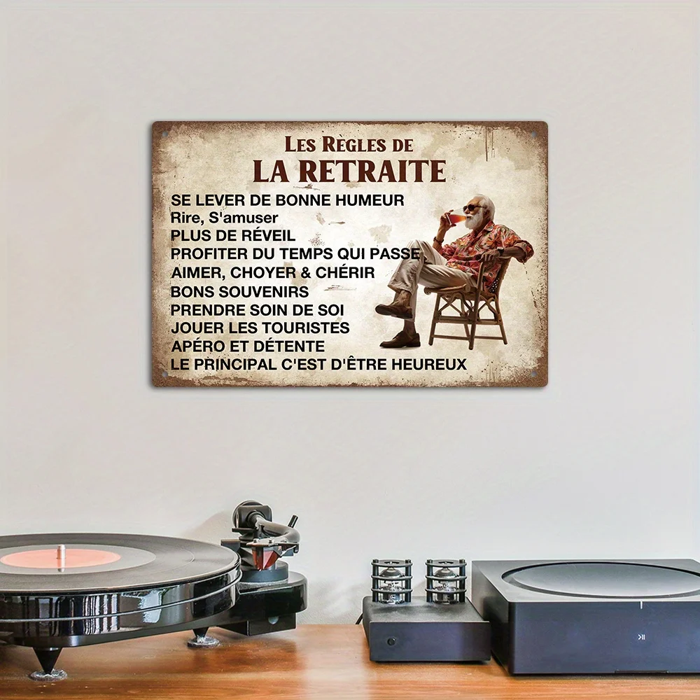 Charming German Vintage Metal Aluminum Sign - 'Retirement Rules: Wake Up Happy, Laugh More, Enjoy Every Moment'