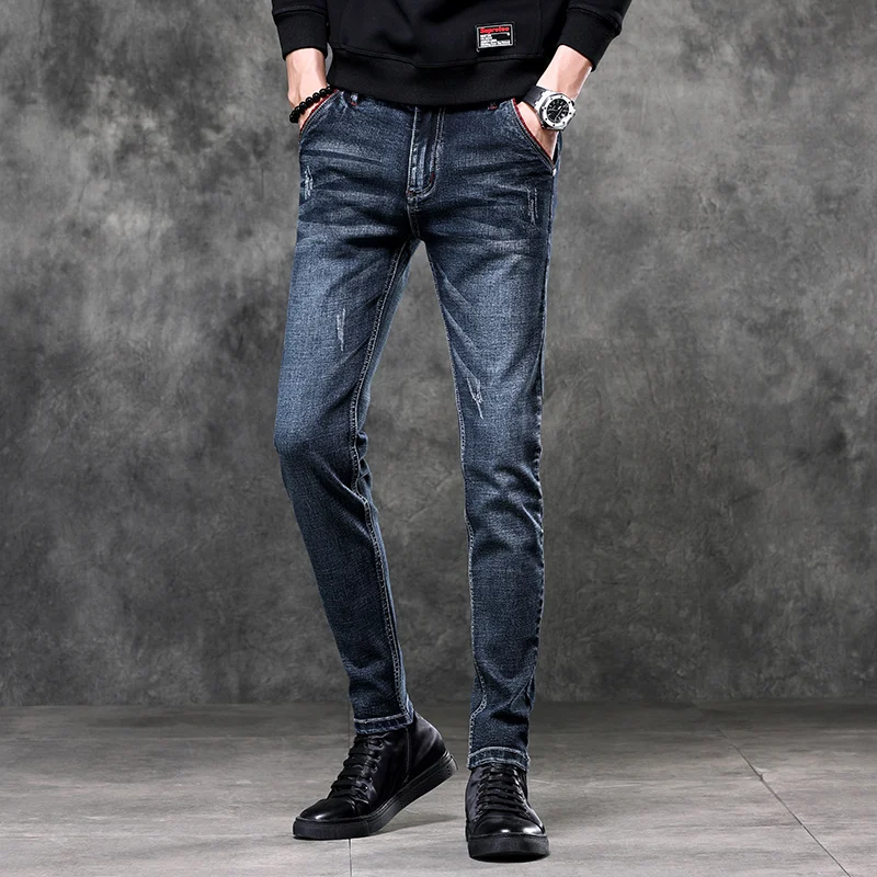 2024 New Men's Straight Slim Jeans High Street Casual Versatile Skinny Stretch Jeans Korean Fashion Streetwear Men's Clothing