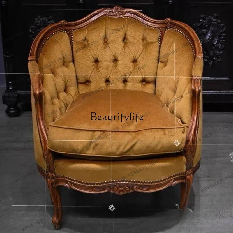 202 Solid Wood Carving Flower Single Sofa Chair Cloth Art Pull Button Living Room Small Apartment European Court Leisur