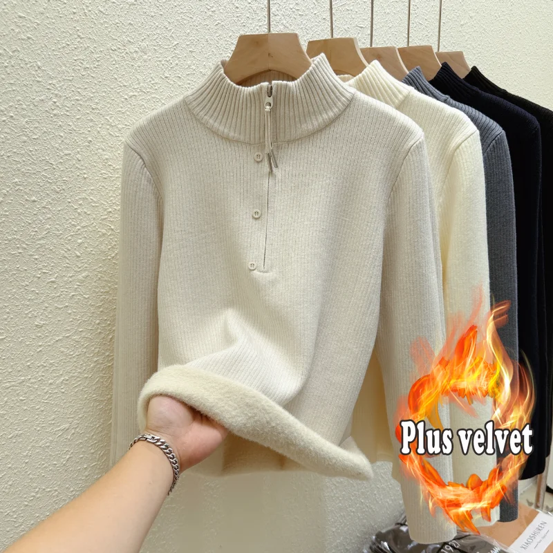 

Цельный флисовый свитер с полуводолазкой на молнии для женщин, рубашка на утолщенной основе и подкладке, новый стиль 2025, верх для внутренней одежды