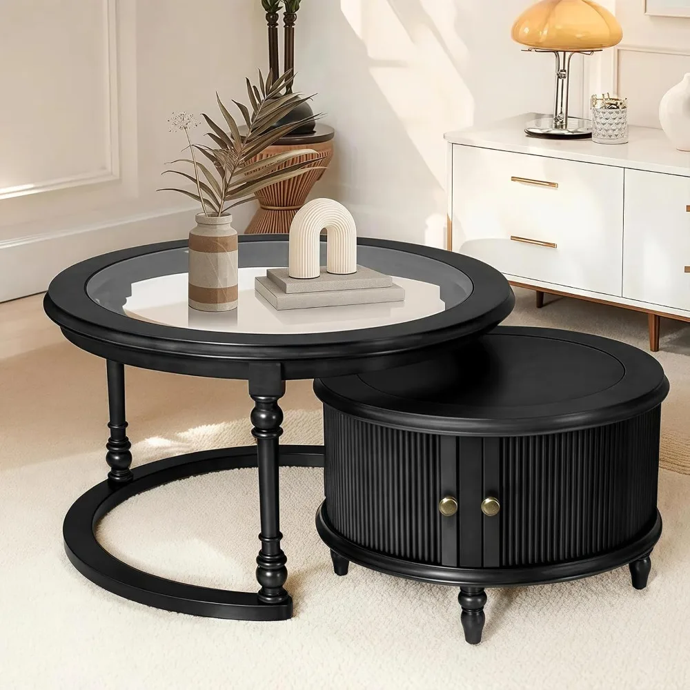 

31,5-дюймовый круглый журнальный столик со стеклянной столешницей и рифленым журнальным столиком из массива дерева и МДФ, набор из 2 штук для гостиной, офиса, черный