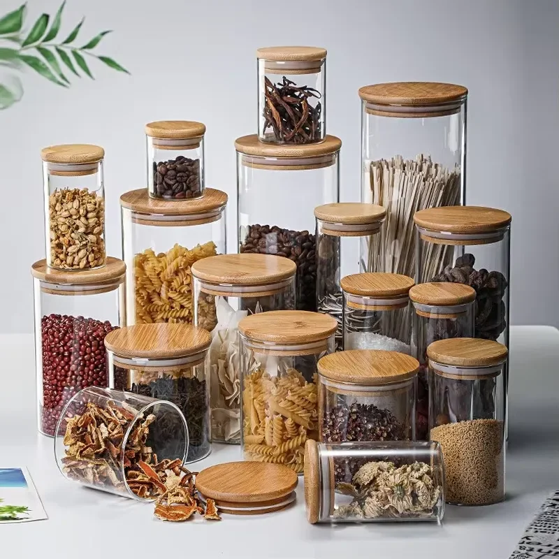 Borosilicate Glass Spice Jar With Bamboo Lid Airtight Kitchen Storage Container For Seasoning Sugar Salt Coffee Bean