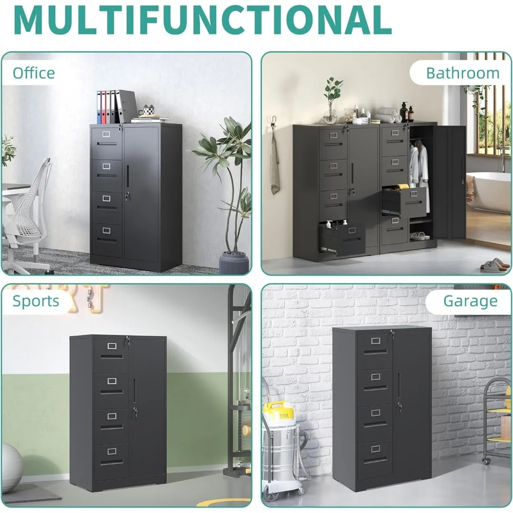 خزانة ملفات عمودية معدنية قابلة للقفل للمكتب المنزلي، خزانة تخزين ذات 4 أدراج مع باب قابل للتعديل وميزات أمان #4