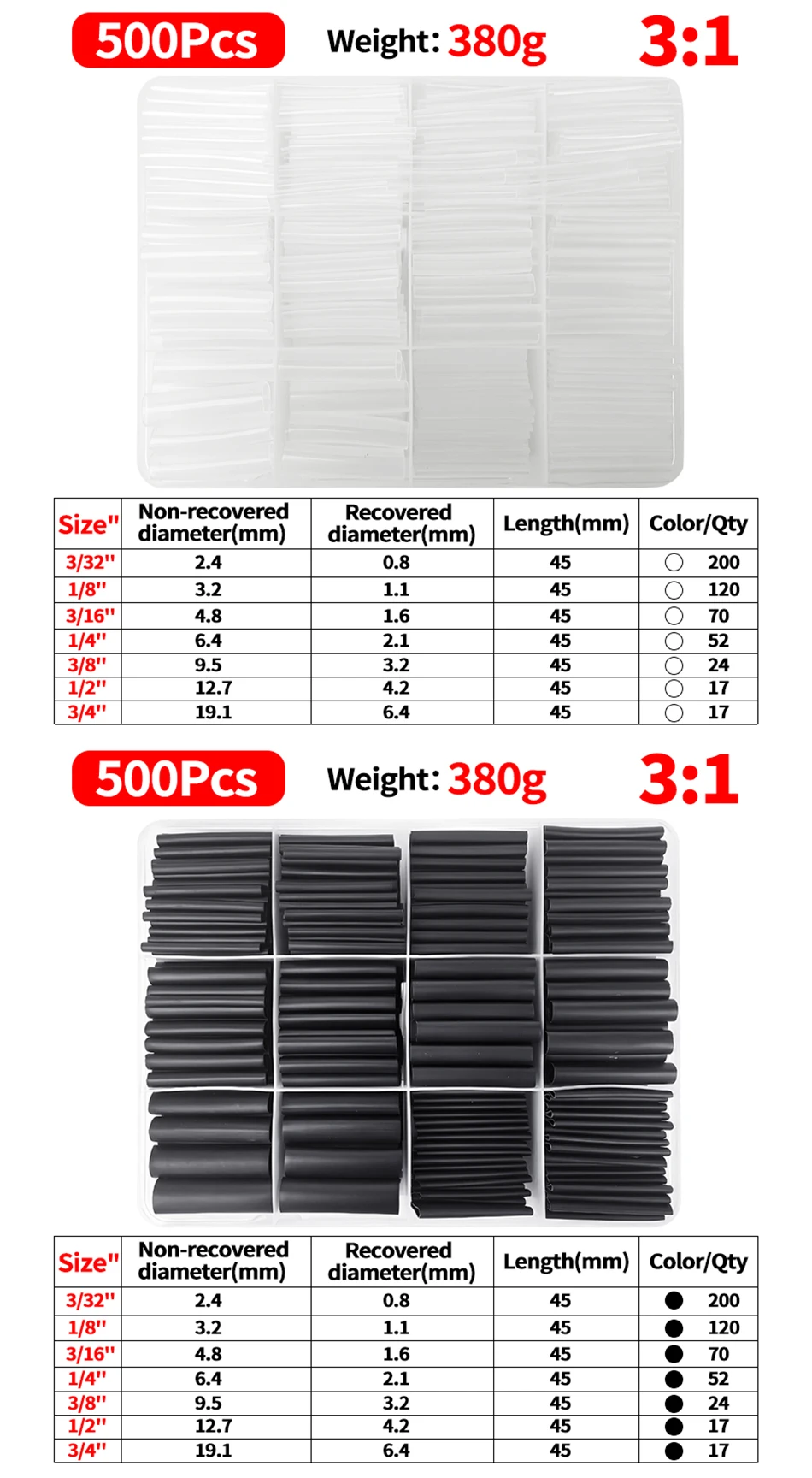 180/220/270/500PCS 3:1 Heat Shrink Tube Shrinking Assorted Polyolefin Insulation Sleeving Wire Cable Sleeves Wrap Pre-Cut T&I Online Store