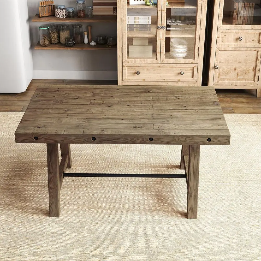 

Rustic Solid Wood Dining Table for 4-6, Country Style, Brown Walnut Finish