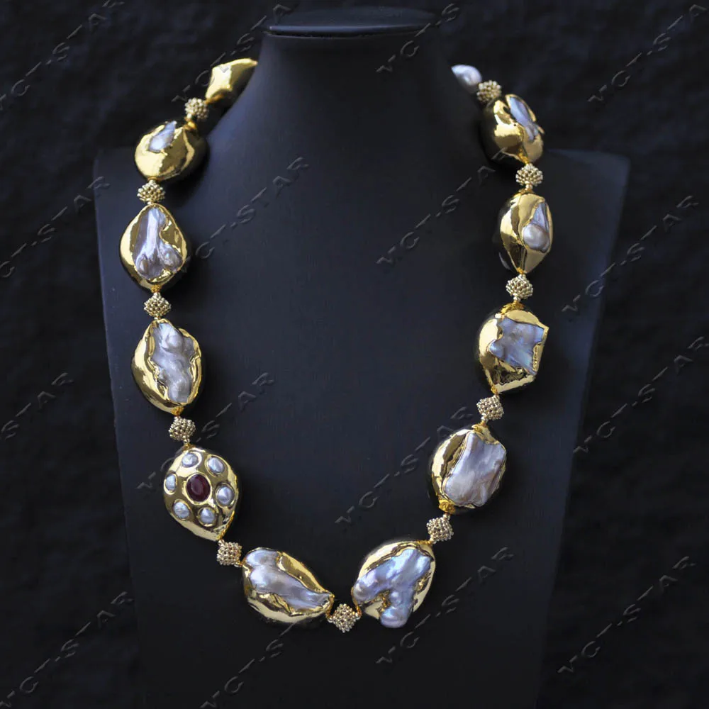 

MTC·STAR Огромное 22 дюйма 33 мм ожерелье из белого жемчуга в стиле барокко с золотыми бусинами (Z14302)