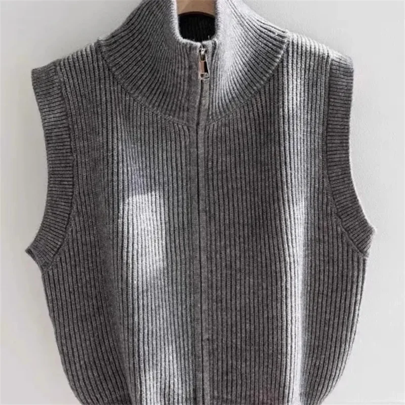 สุภาพสตรี Double Zipper ถักเสื้อกั๊กหญิงสีทึบเสื้อกั๊กเสื้อฤดูใบไม้ผลิฤดูใบไม้ร่วงผู้หญิงเสื้อคอปกสูงเสื้อแขนกุด