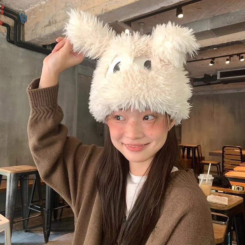 

Women Cute Cartoon Faux Fur Hat Winter Warm Beanie Hat with Animal Ears Fuzzy Hat Female Bomber Hats Outdoor Costume Accessory