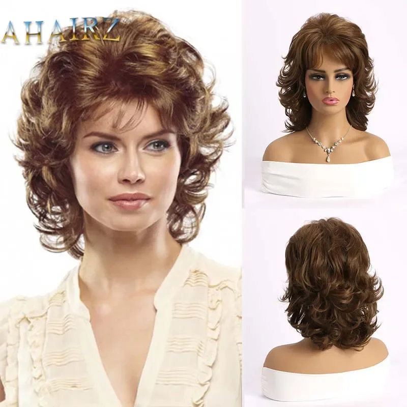 

Light Brown Short Curly Wavy Synthetic Wigs with Bangs for Women Daily Lolita Use Heat Resistant Fiber Natural Wigs