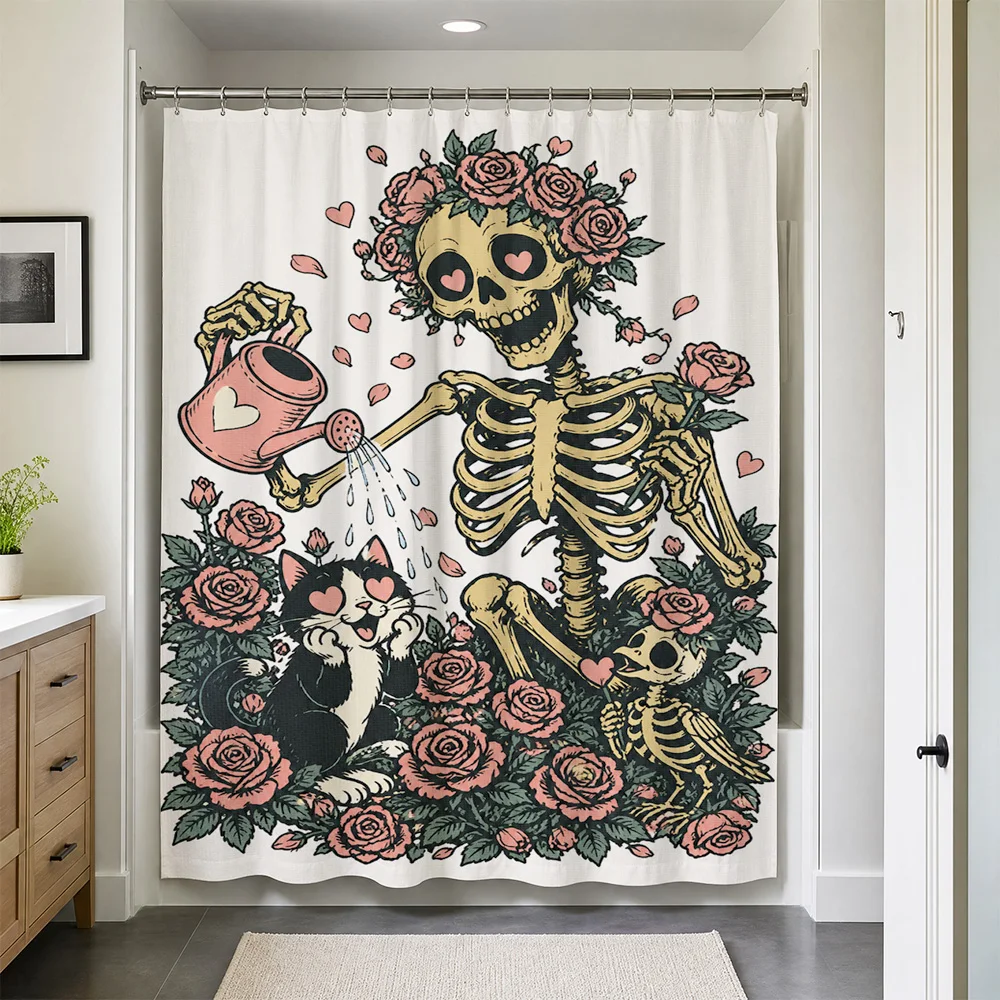 Decorative Gothic Skeleton and Roses Waterproof Shower Curtain for Bathroom Spooky Halloween Aesthetic Shower Liner Curtain Prin