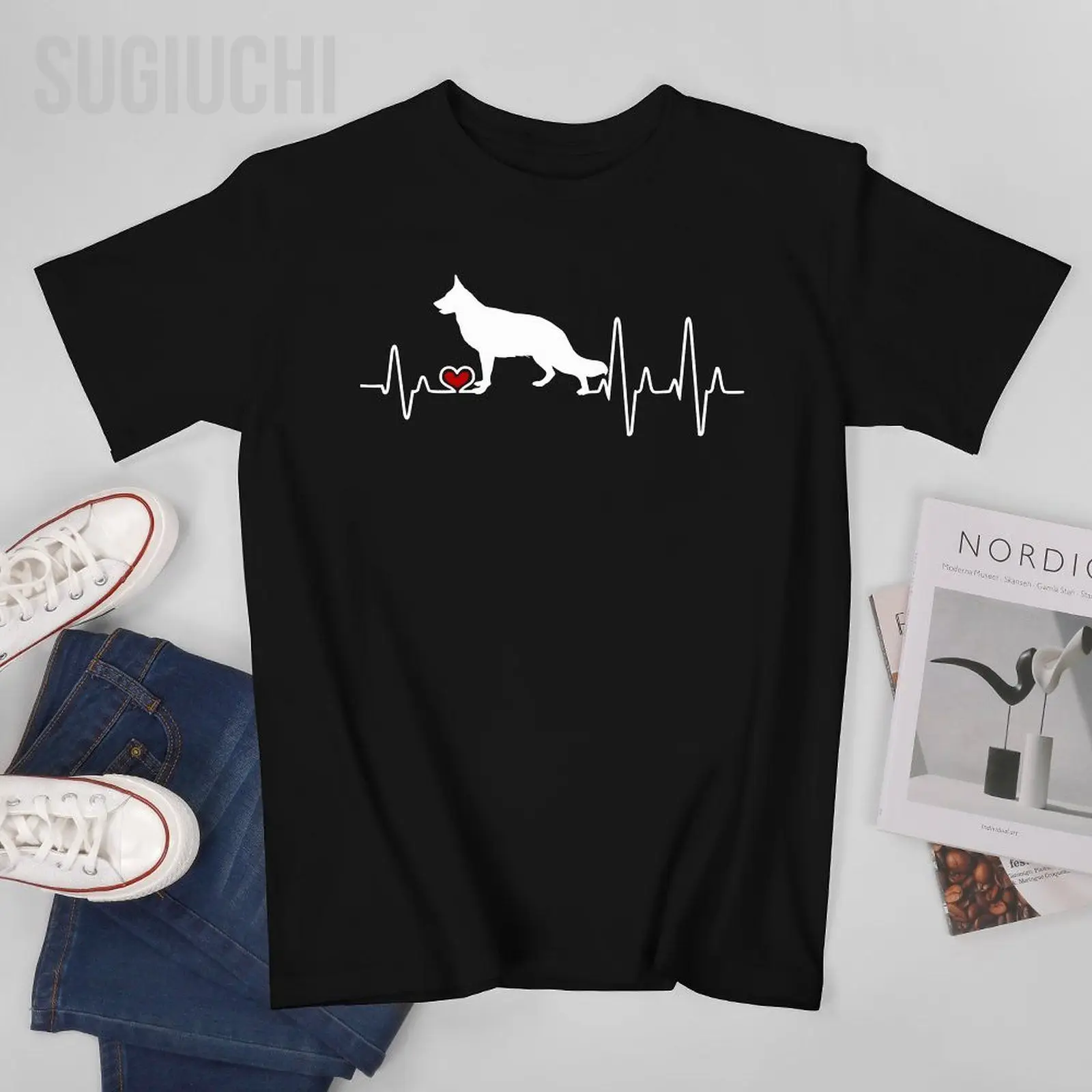 Men German Shepherd Dog Heartbeat Pulse Tshirt Tees O-neck T Shirts Women Boys 100% Cotton Short T-Shirt Unisex All Seasons