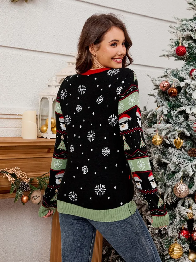 Christmas Jacquard Knitted Sweater Women Fashion Korean Loose Pullover Autumn Winter 2024 New O Neck Long Sleeve Casual Jumper