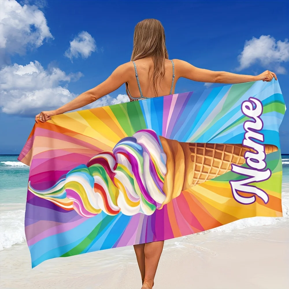 Colorful Ice Cream Pattern Beach Towel,Customizable Name Beach Towel, Microfiber Fabric Beach Towel Super Absorbent Quick Drying
