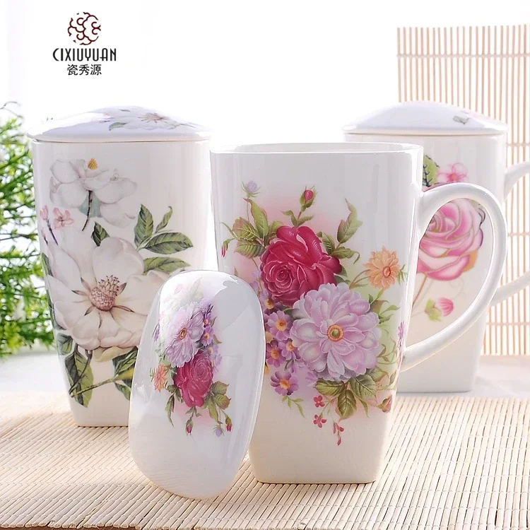 

700ML, Real Bone China Tumblers with Lid, Taza Cafe Funny Mug, Cute Big Coffee Cups Floral Painint, Ceramic Cup Perfect Gift