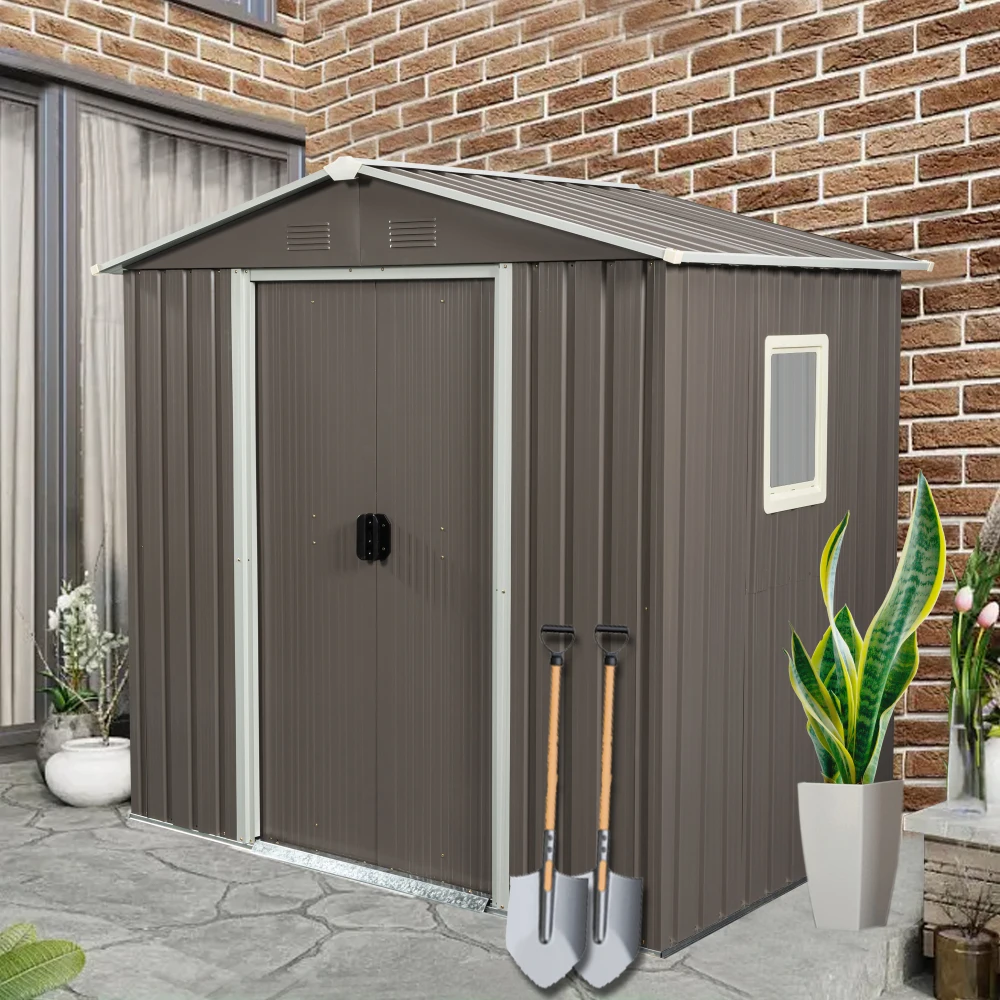 6ft X 5ft Outdoor Metal Storage Shed Gray with Window Outdoor Steel Storage Shed with Lockable Doors Perfect for Garden Backyard