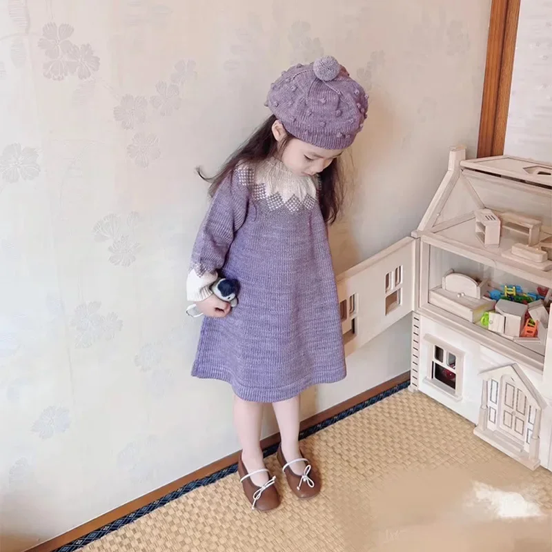 

Girls' Knitted Dress Diamond Pineapple Jacquard Knitted Dress Autumn/Winter Girl A-line Dress Misha Puff