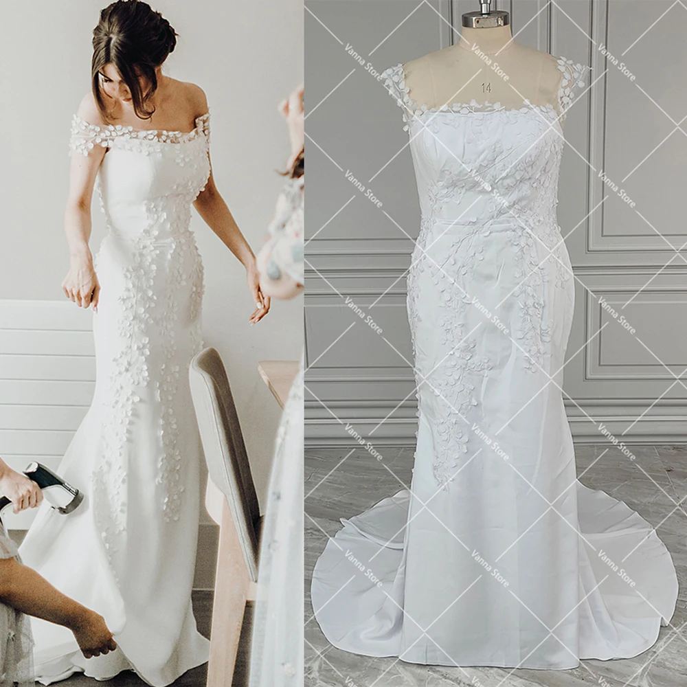 ปิดไหล่ลูกไม้ Mermaid ชุดเจ้าสาวที่กําหนดเอง PLUS ขนาด 3D Leaf โรแมนติกซาติน Barn Rustic การถ่ายภาพชุดแต่งงาน