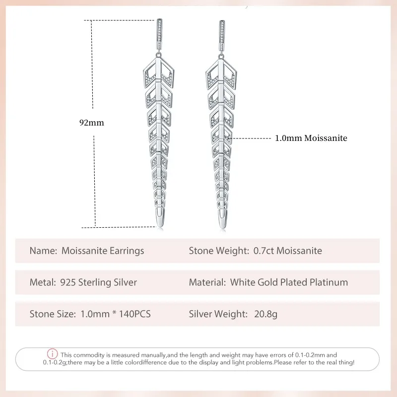 Follow Cloud Long Feather Total 0.7ct Real Moissanite Diamond Drop Earrings for Women 925 Sterling Silver 1mm with Certificates