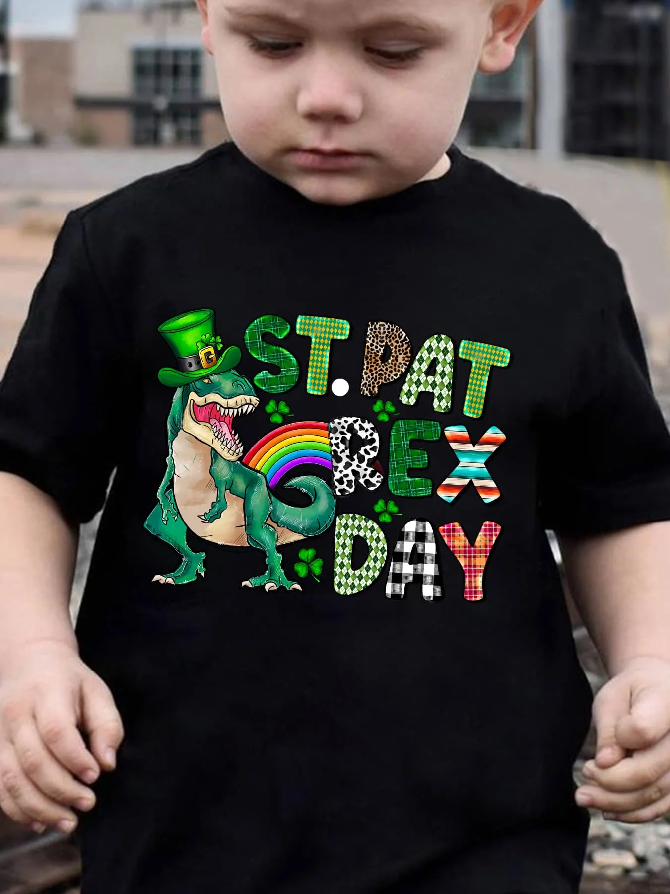 NY‑DX5146 Boys ST‑PAT‑REX‑DAY Dinosaur‑Clover‑Rainbow‑Print Casual Summer Short‑Sleeve Crew‑Neck T‑Shirt