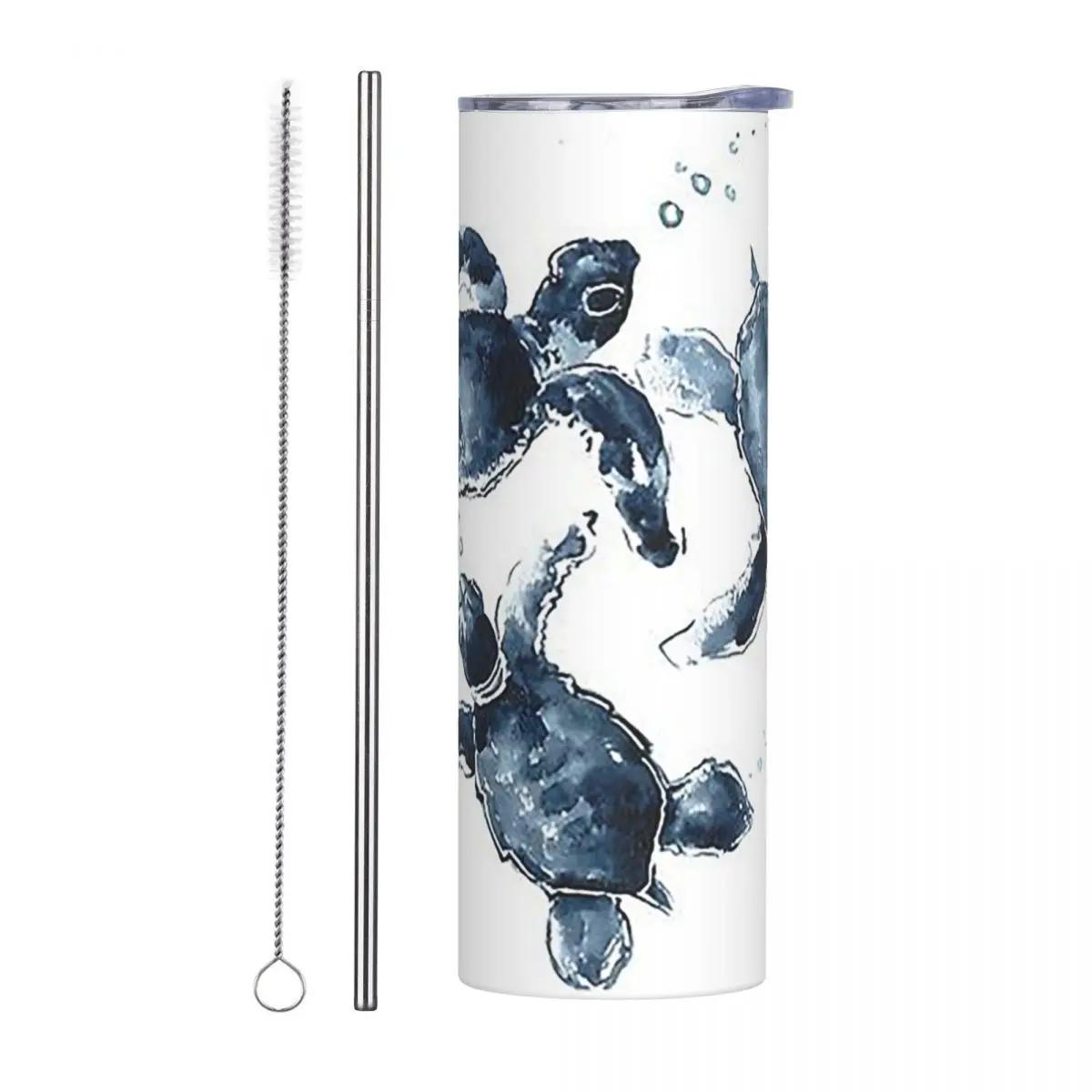 Indigo Blue Sea Turtl Stainless Steel Tumbler Vacuum Insulated Mugs Thermal Cold Cups Straws With Lid 20oz