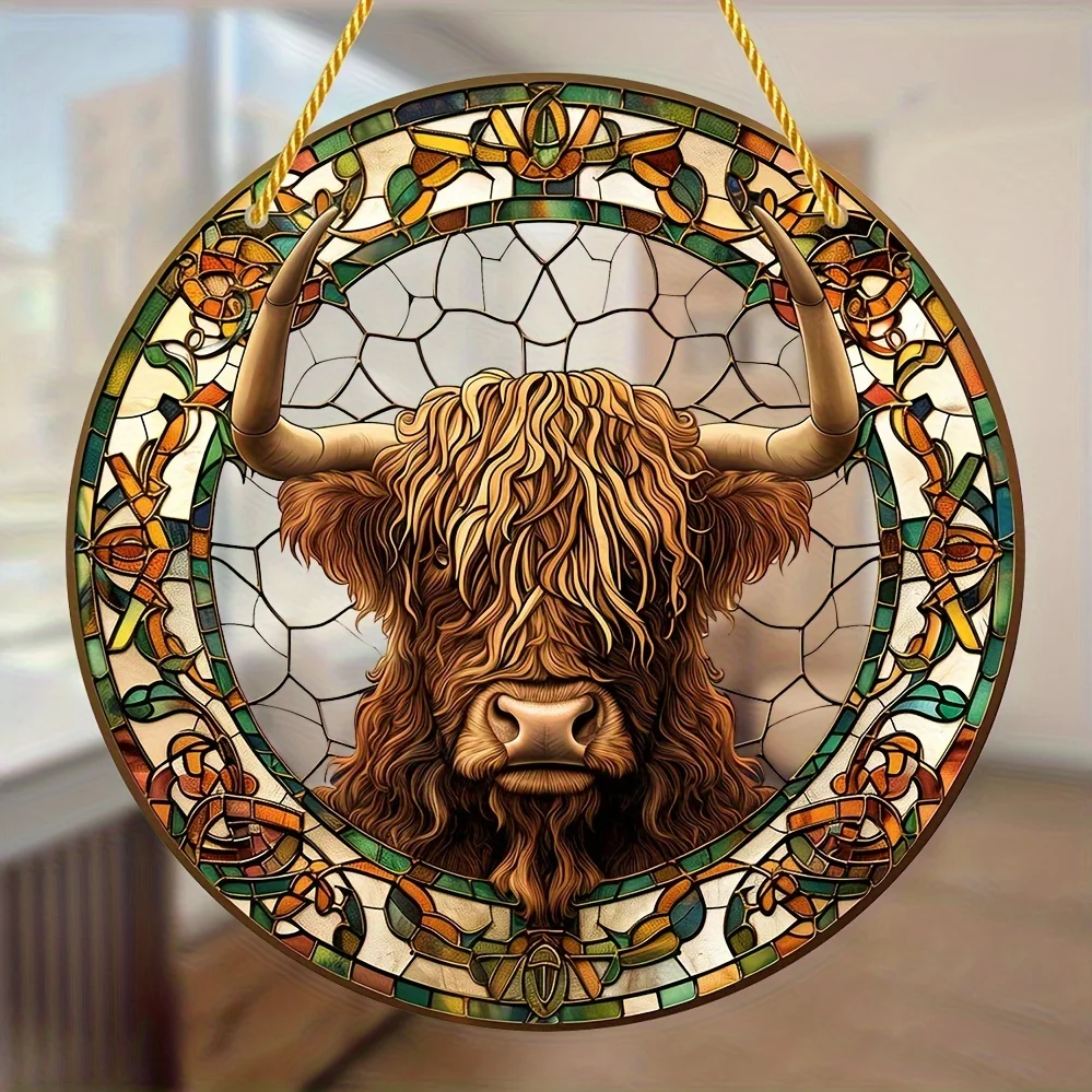 Scottish Highland Cow Stained Glass-Style Window Hanging-Round Acrylic Sun Catcher,All Seasons,Porch&Home Decor,Unique Gift Idea